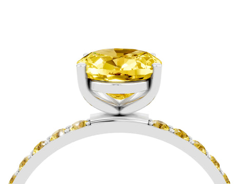 White gold Oval Cut Yellow Sapphire Solitaire Ring with Pave Band and Four Prong Setting_16