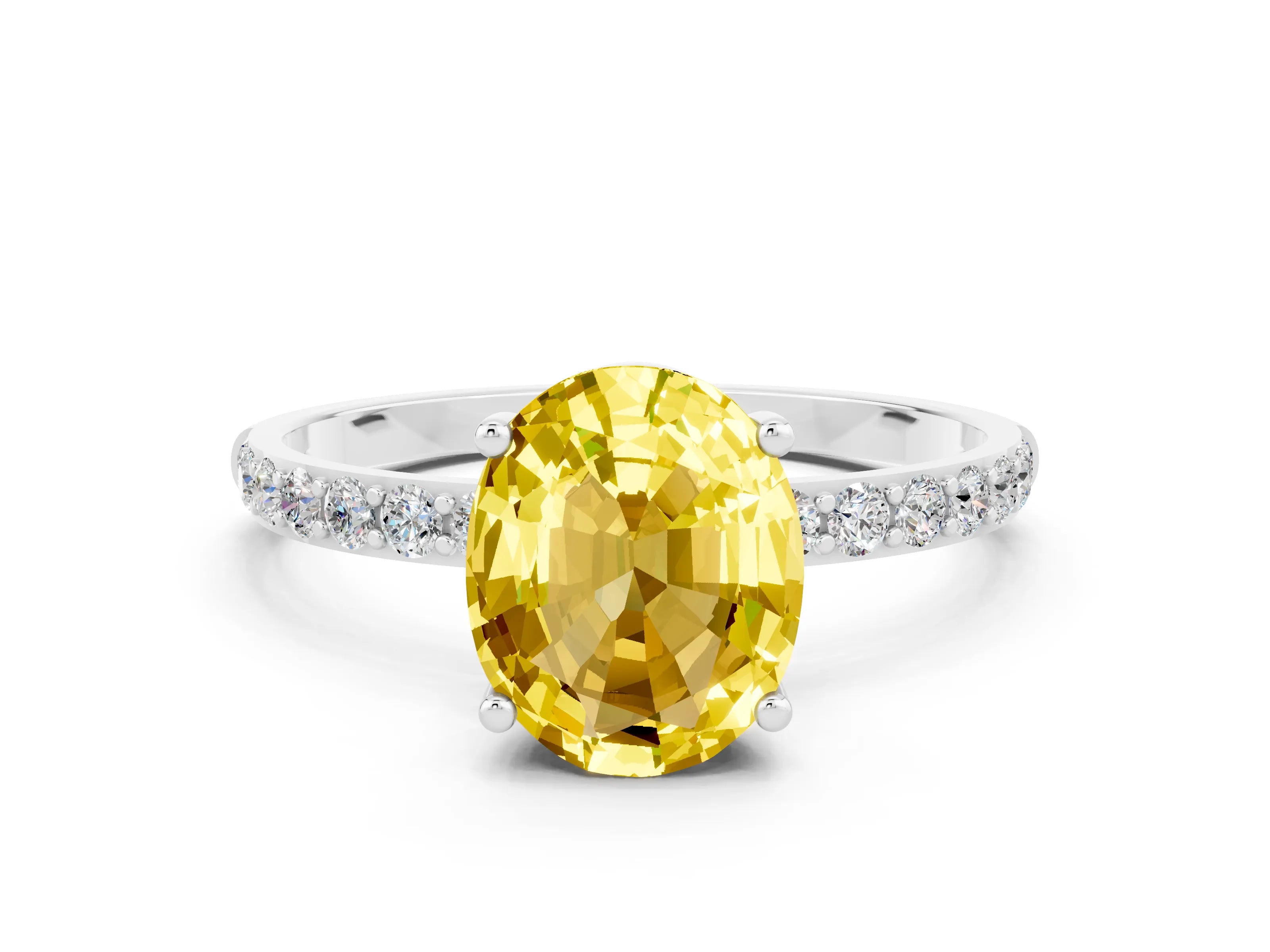 White gold Oval Cut Yellow Sapphire Solitaire Ring with Pave Band and Four Prong Setting_48