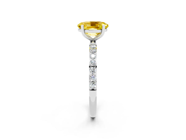 White gold Oval Cut Yellow Sapphire Solitaire Ring with Round  Pavé Band and Prong Setting