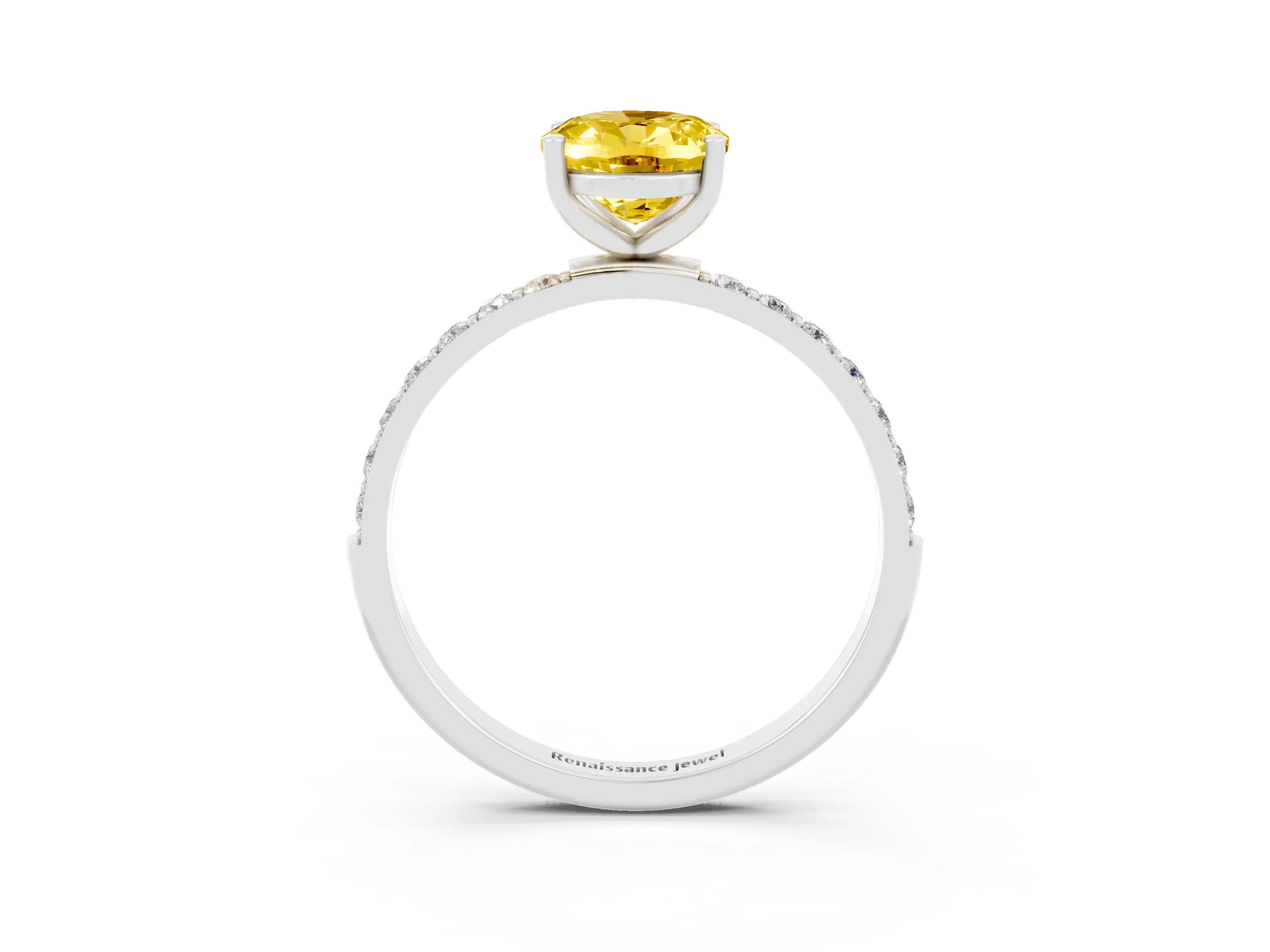 White gold Oval Cut Yellow Sapphire Solitaire Ring with Pave Band and Four Prong Setting_51
