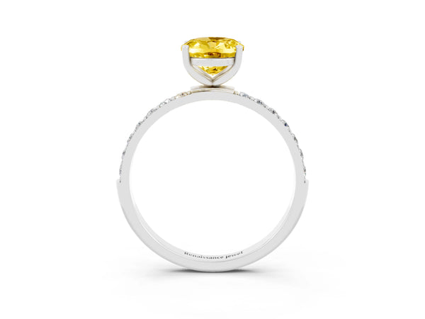 Silver Oval Cut Yellow Sapphire Solitaire Ring with Round  Pavé Band and Prong Setting