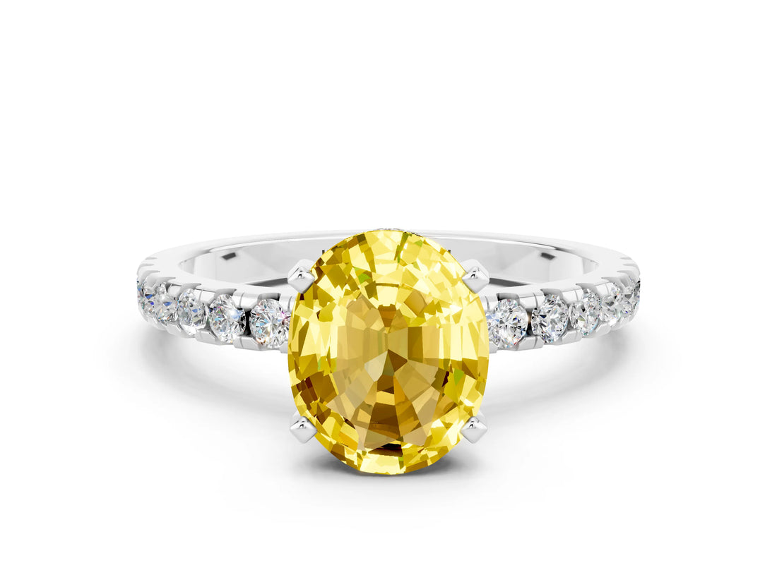 White gold Oval Cut Yellow Sapphire Solitaire Ring with Round  Pavé Band and Four-Prong Setting_48