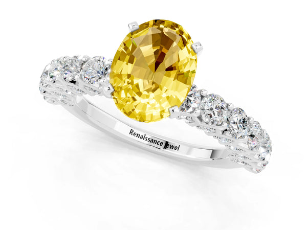 Platinum Oval Cut Yellow Sapphire Solitaire Ring with Shared Prong Pavé Band and Four-Prong Setting