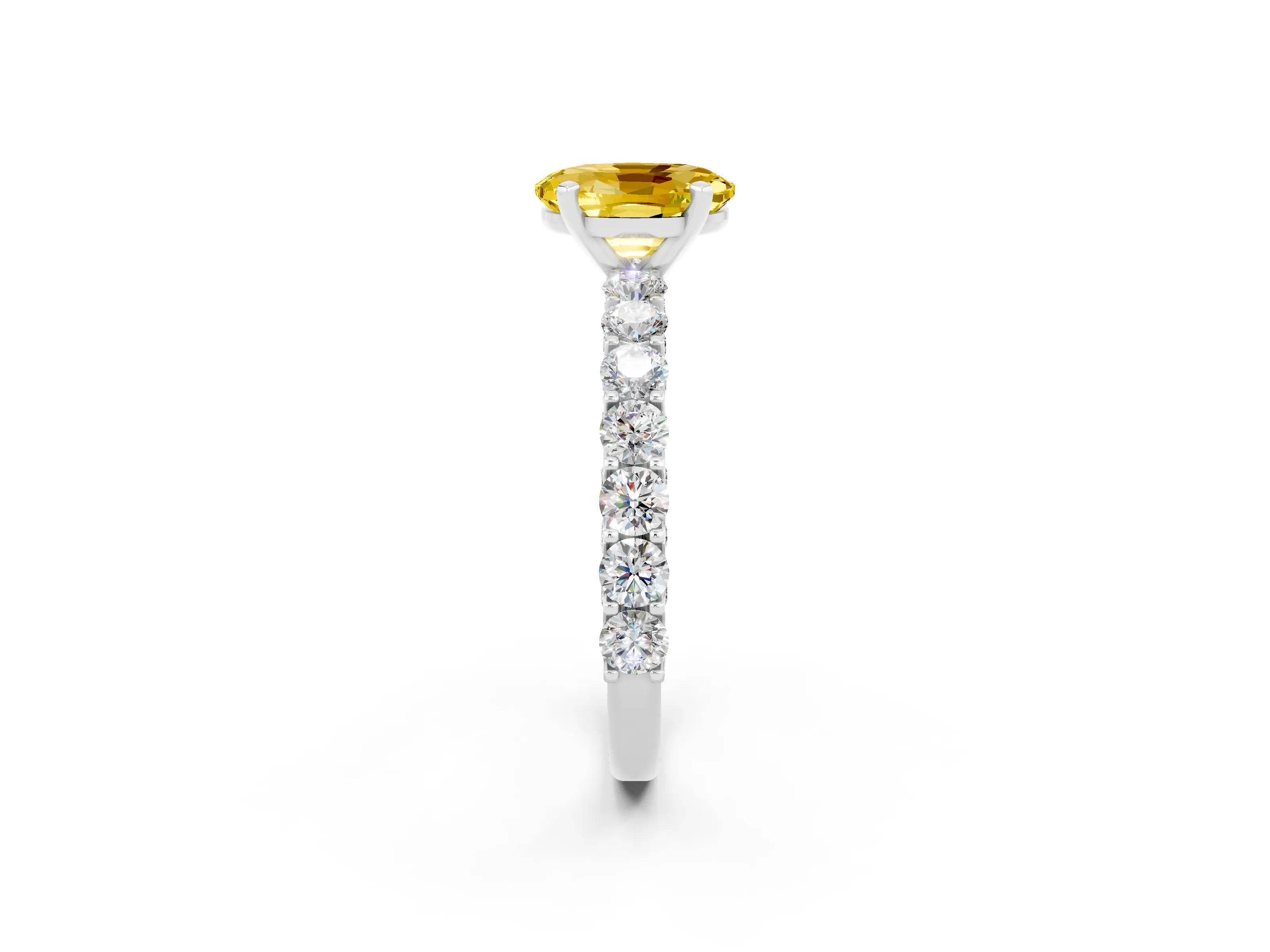 White gold Oval Cut Yellow Sapphire Solitaire Ring with Shared Prong Pavé Band and Four-Prong Setting_2