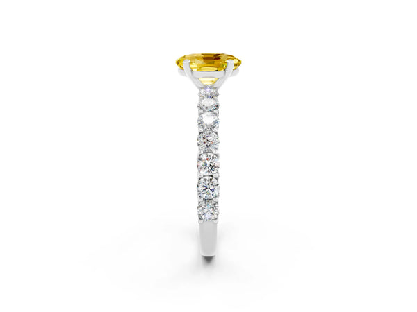 Silver Oval Cut Yellow Sapphire Solitaire Ring with Shared Prong Pavé Band and Four-Prong Setting
