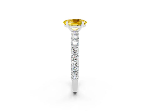 White gold Oval Cut Yellow Sapphire Solitaire Ring with Shared Prong Pavé Band and Four-Prong Setting_2
