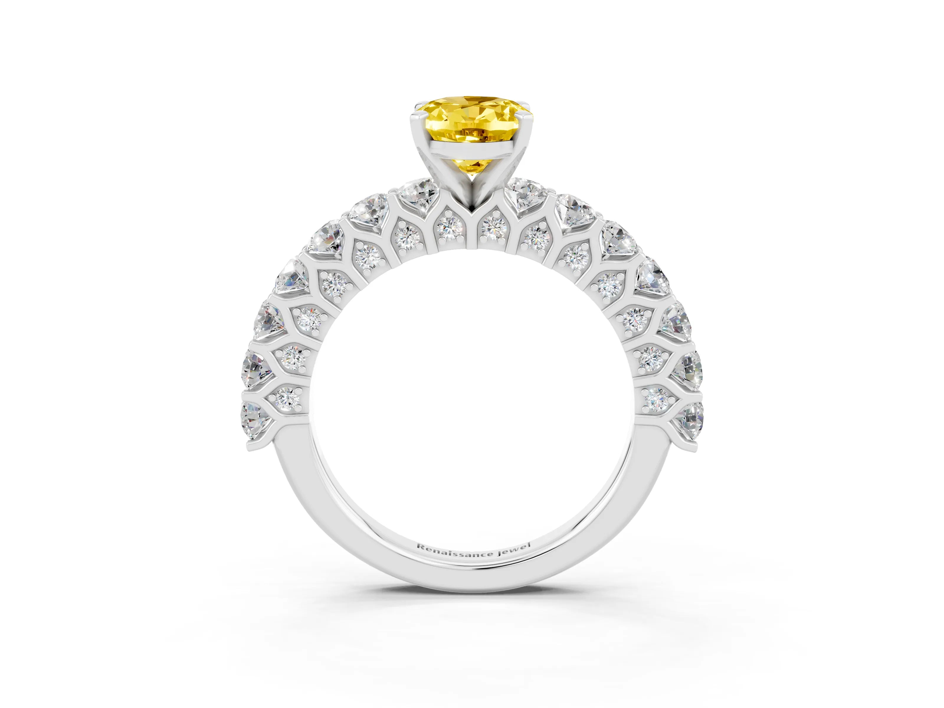 White gold Oval Cut Yellow Sapphire Solitaire Ring with Shared Prong Pavé Band and Four-Prong Setting_3