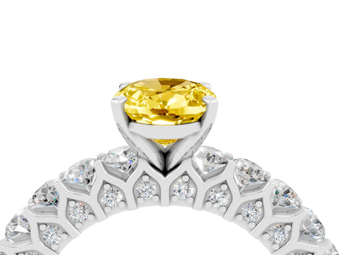 White gold Oval Cut Yellow Sapphire Solitaire Ring with Shared Prong Pavé Band and Four-Prong Setting_4
