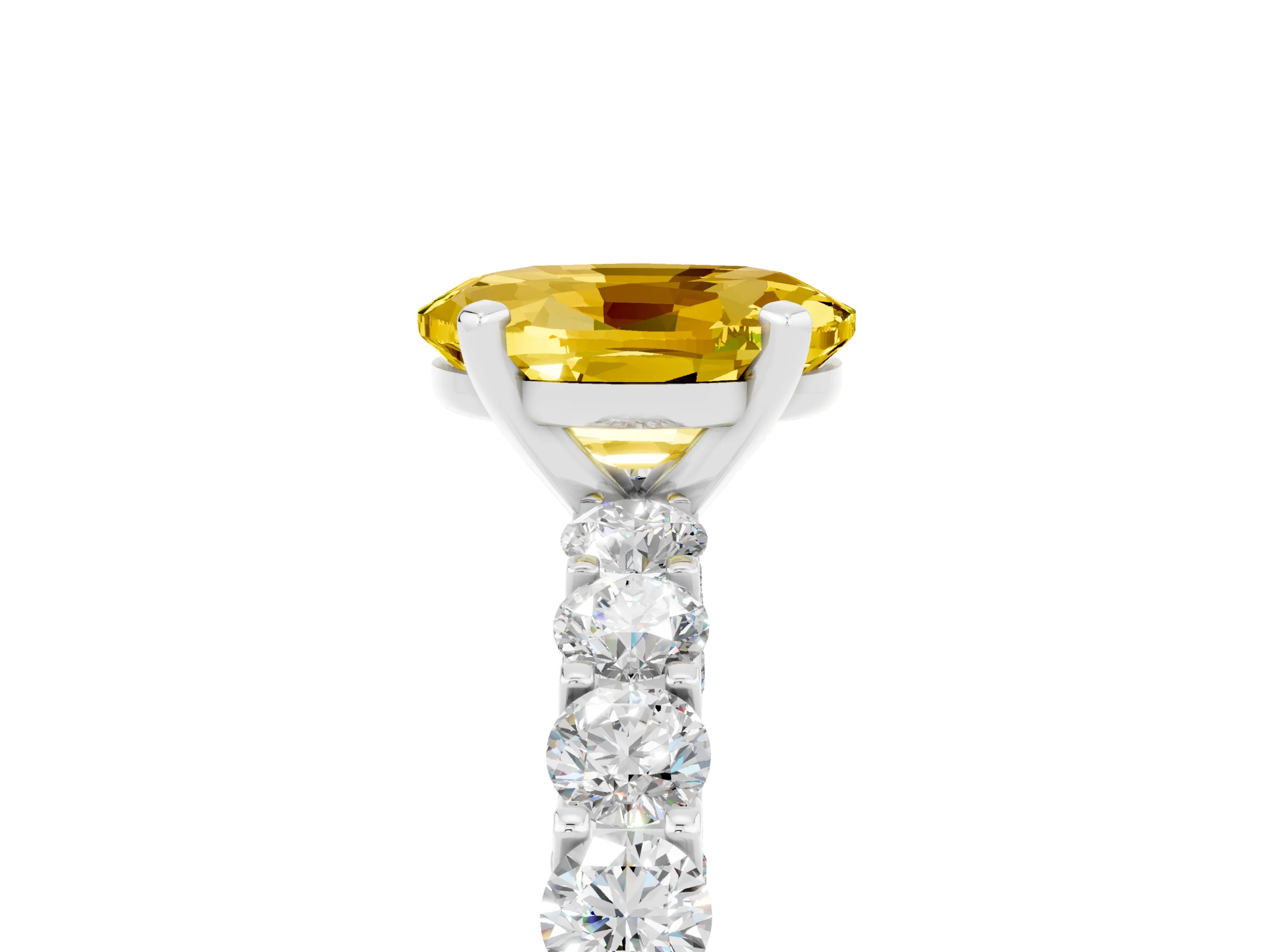 White gold Oval Cut Yellow Sapphire Solitaire Ring with Shared Prong Pavé Band and Four-Prong Setting_5