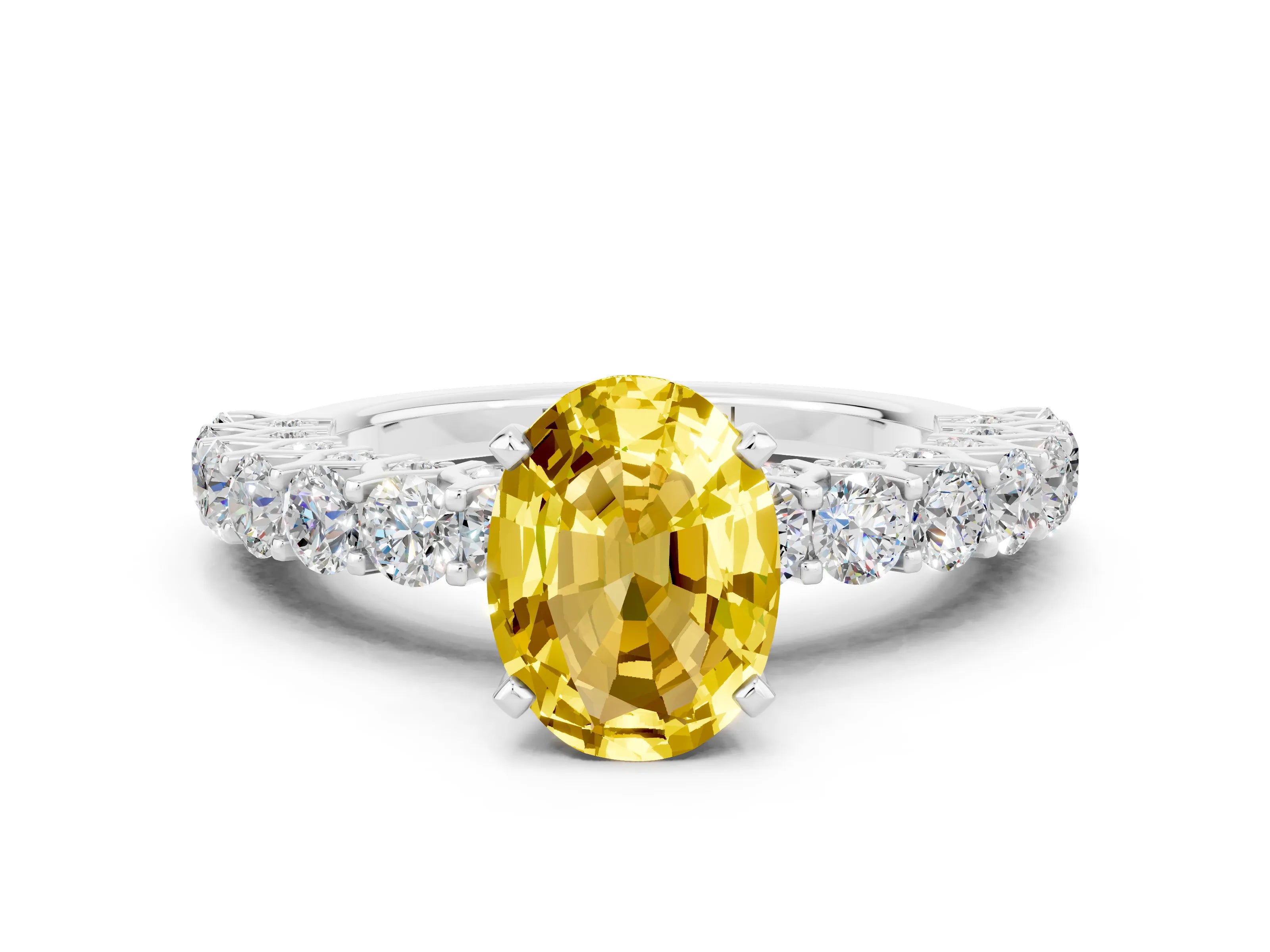 White gold Oval Cut Yellow Sapphire Solitaire Ring with Shared Prong Pavé Band and Four-Prong Setting