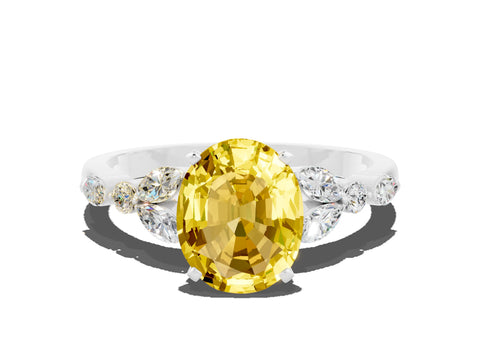 White gold Oval Cut Yellow Sapphire Solitaire Ring with Side Stones and Four-Prong Setting_12