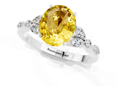 White gold Oval Cut Yellow Sapphire Solitaire Ring with Side Stones and Four-Prong Setting_13