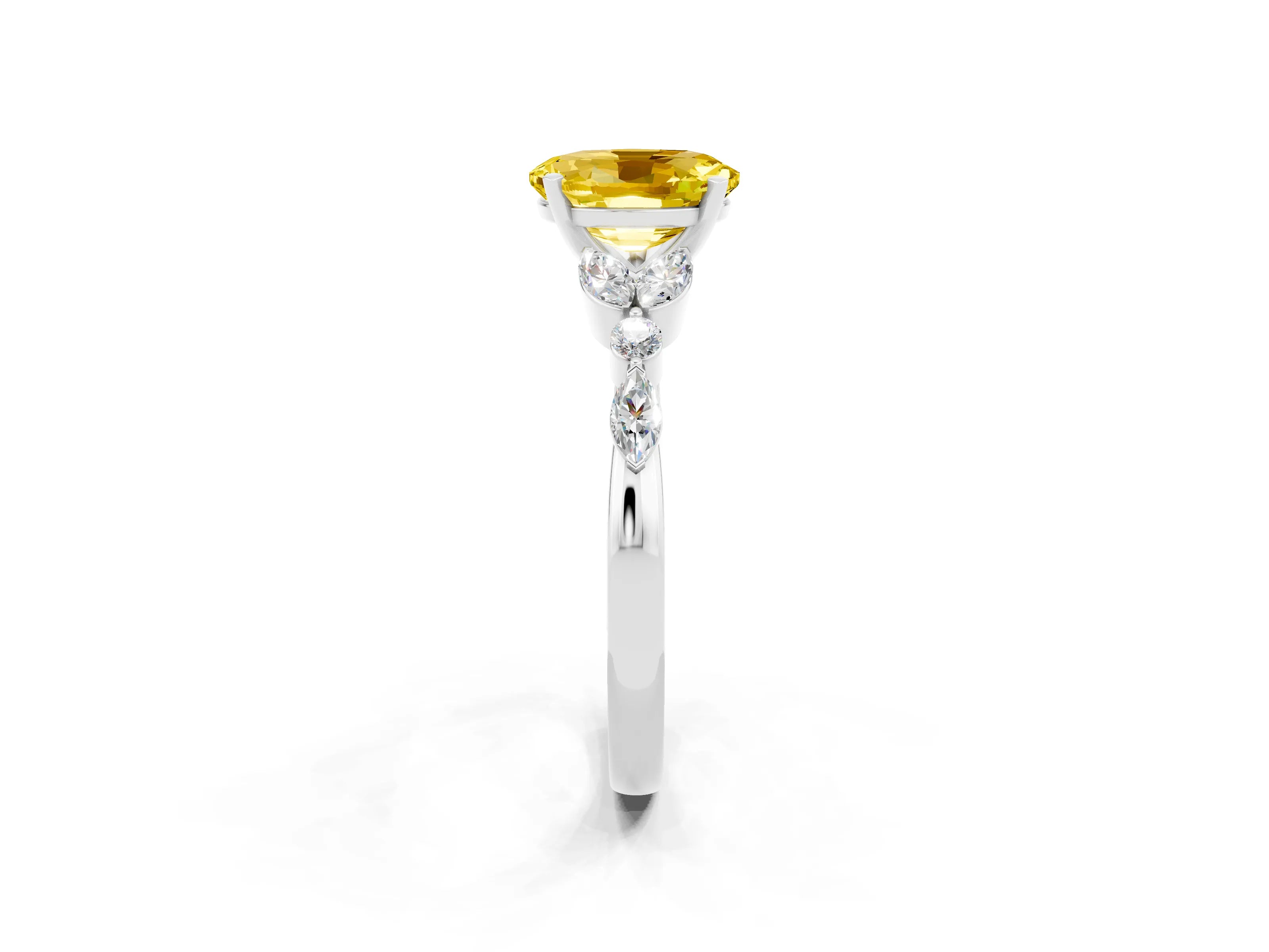 White gold Oval Cut Yellow Sapphire Solitaire Ring with Side Stones and Four-Prong Setting_14