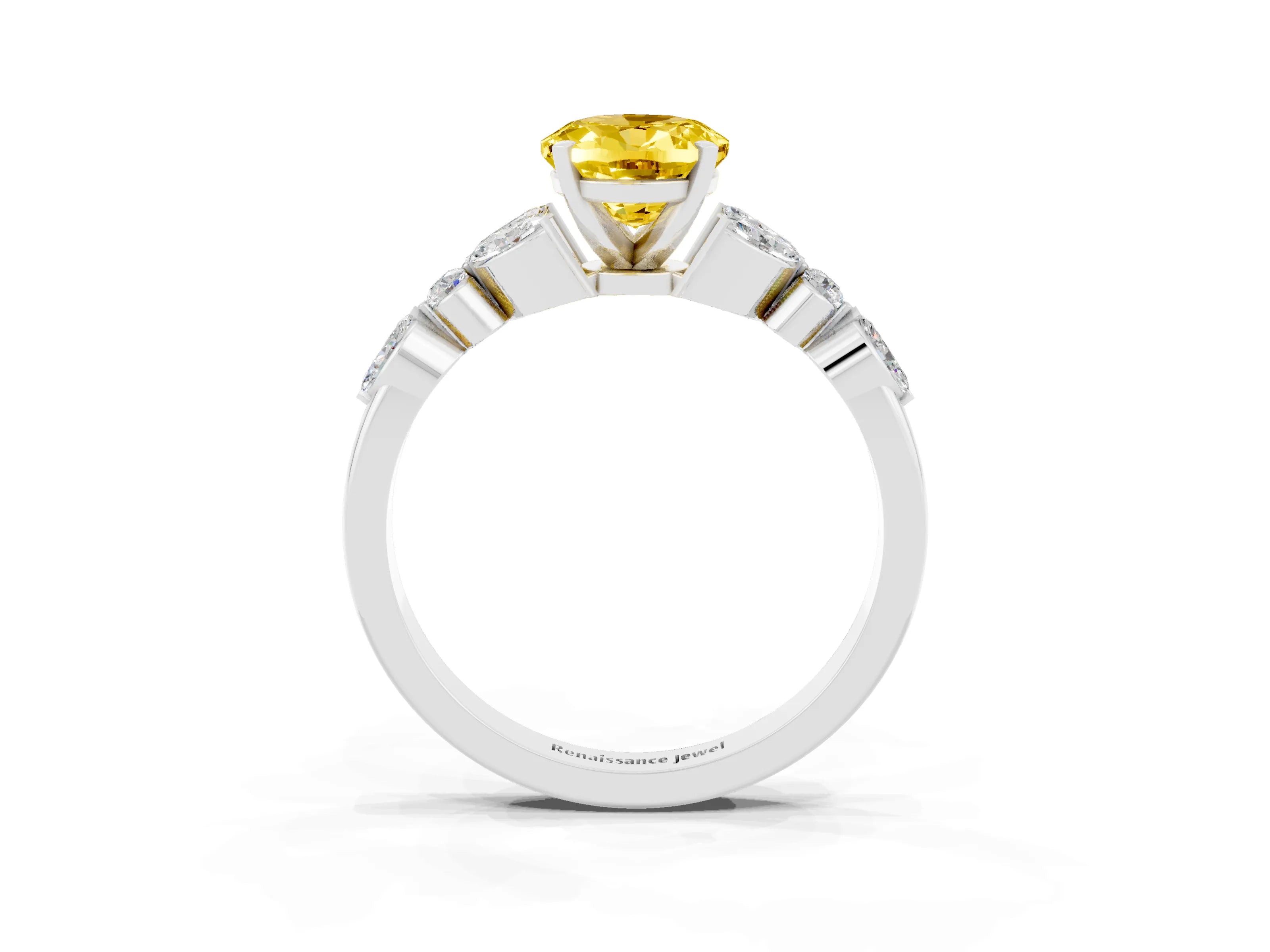 White gold Oval Cut Yellow Sapphire Solitaire Ring with Side Stones and Four-Prong Setting_15