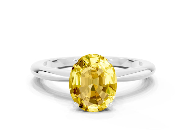 Platinum Oval Cut Yellow Sapphire Solitaire Ring with Six-Prong Setting and Classic Band