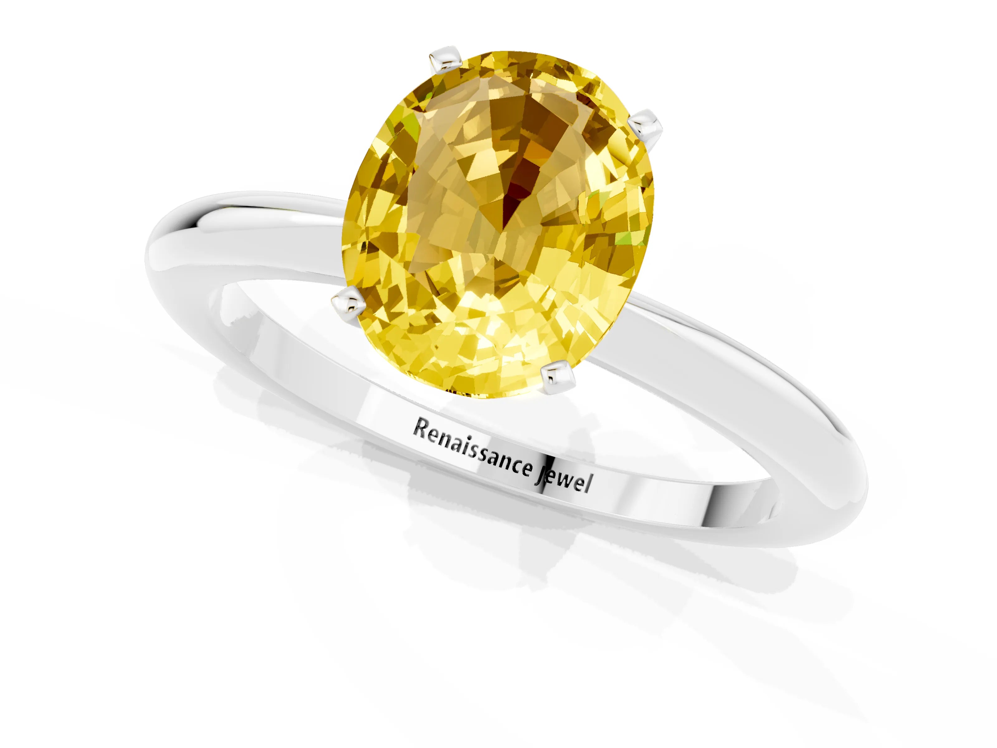 White gold Oval Cut Yellow Sapphire Solitaire Ring with Six-Prong Setting and Classic Band_13