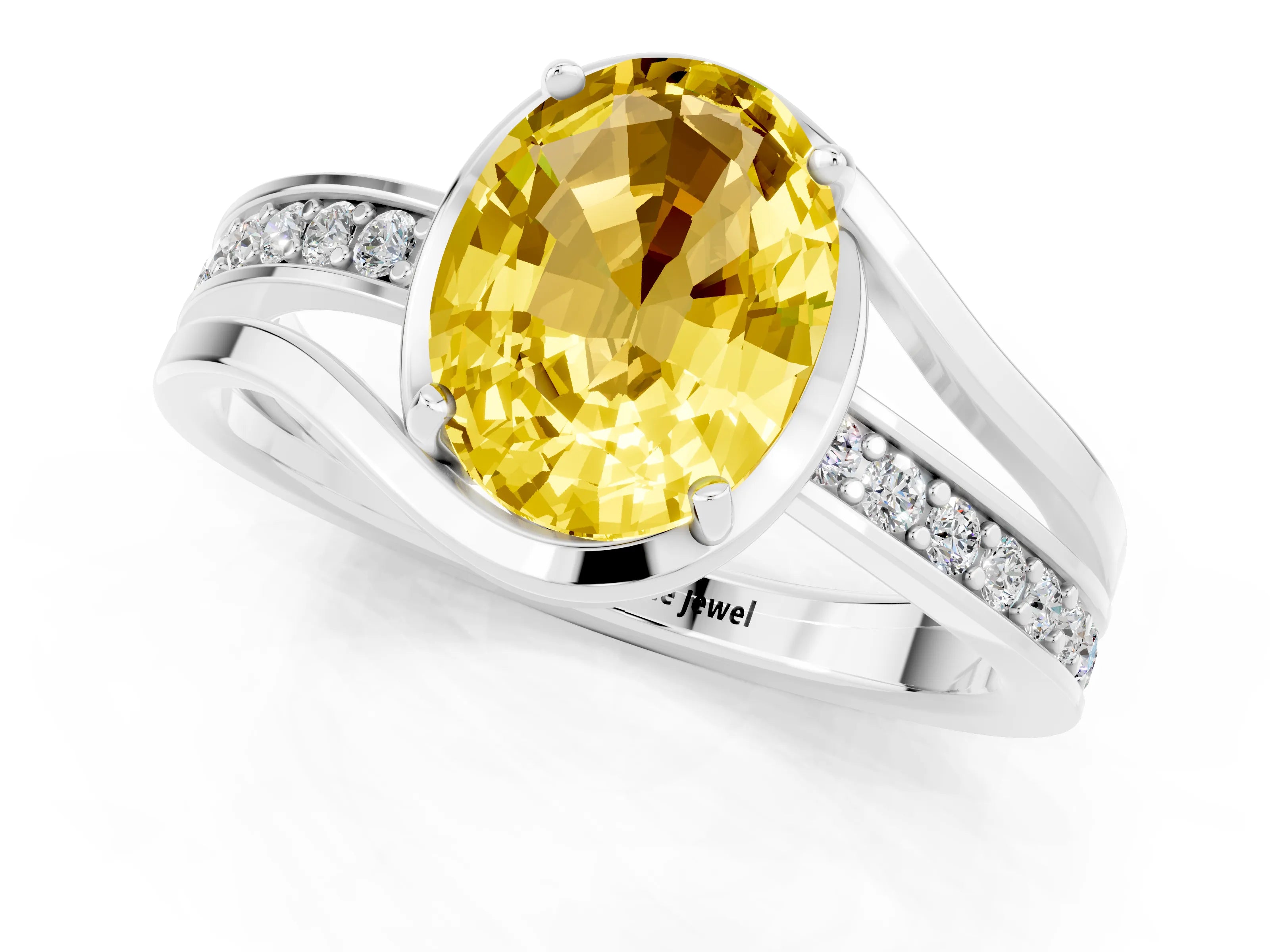 White gold Oval Cut Yellow Sapphire Solitaire Ring with Split Shank and Prong Setting_1