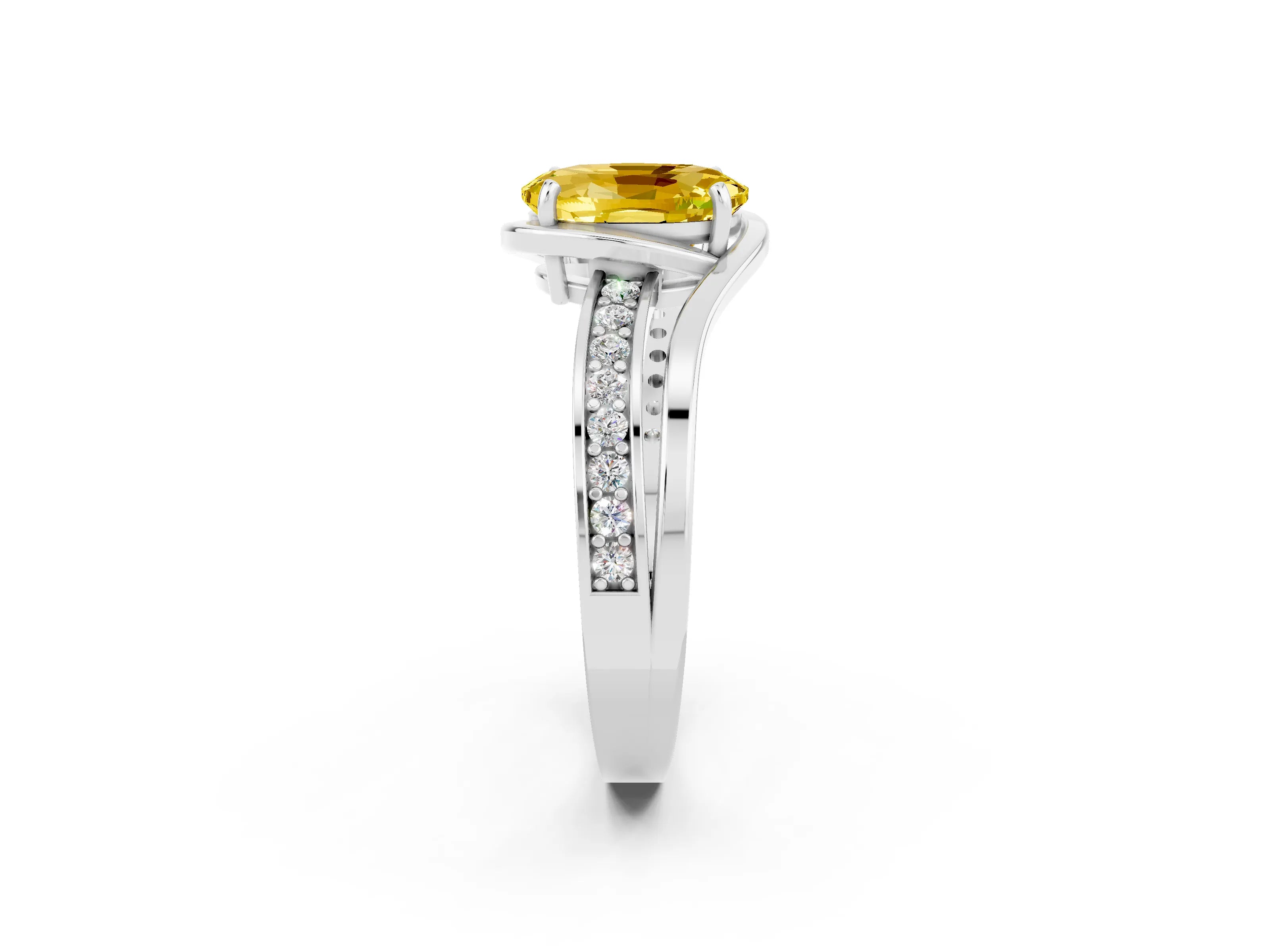 White gold Oval Cut Yellow Sapphire Solitaire Ring with Split Shank and Prong Setting_2
