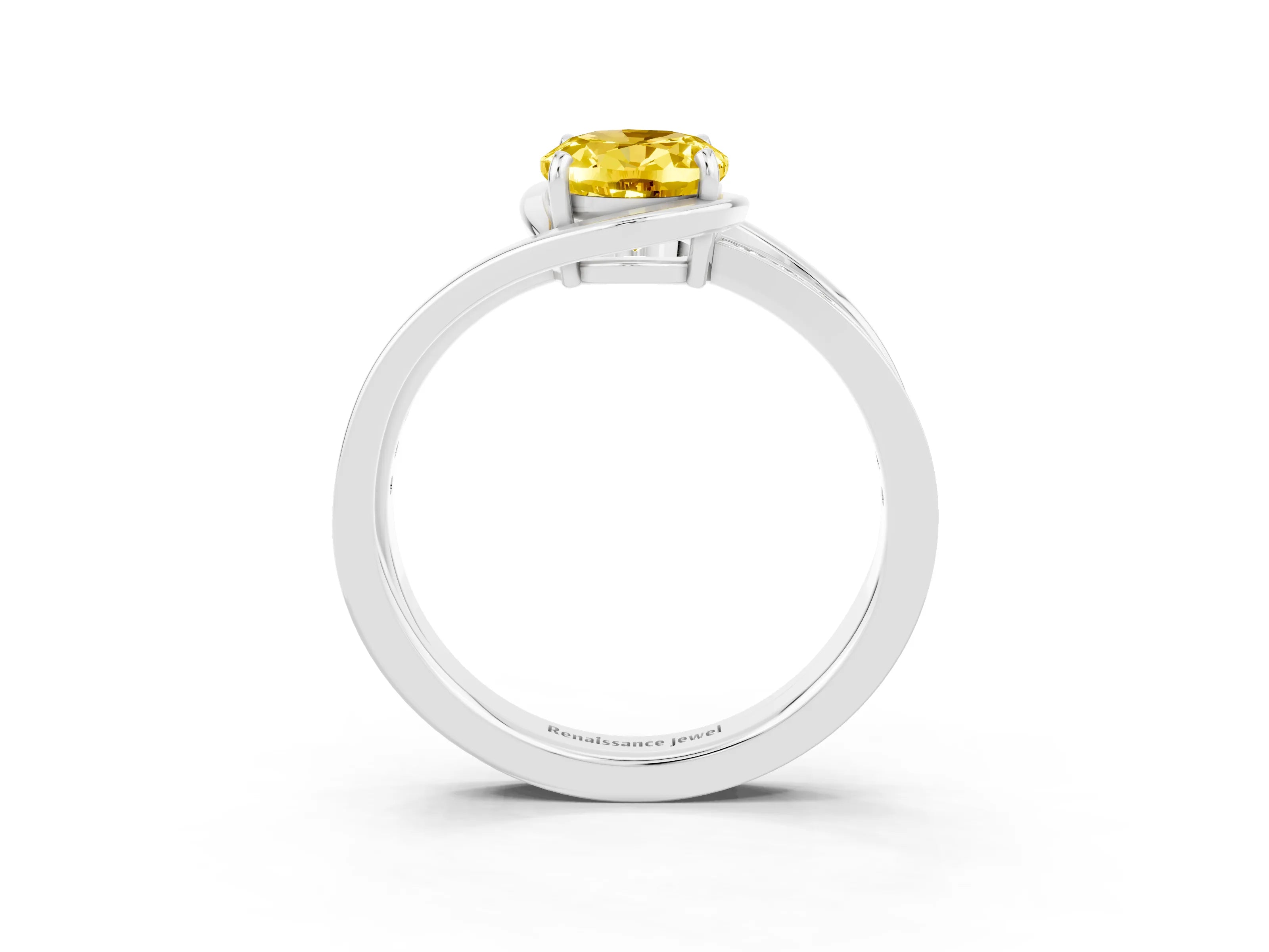 White gold Oval Cut Yellow Sapphire Solitaire Ring with Split Shank and Prong Setting_3