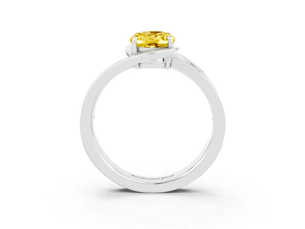 Silver Oval Cut Yellow Sapphire Solitaire Ring with Split Shank and Prong Setting