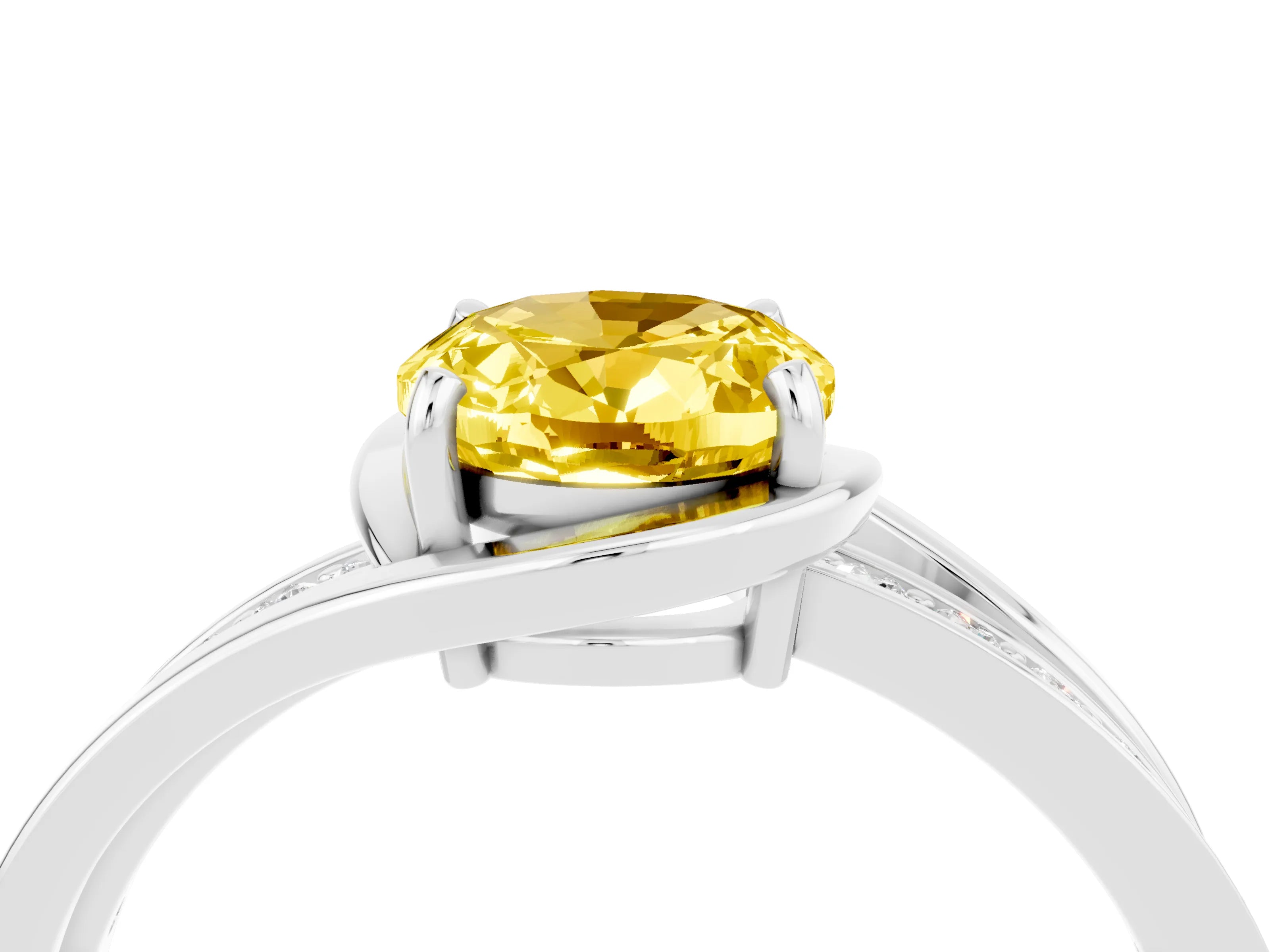 White gold Oval Cut Yellow Sapphire Solitaire Ring with Split Shank and Prong Setting_4
