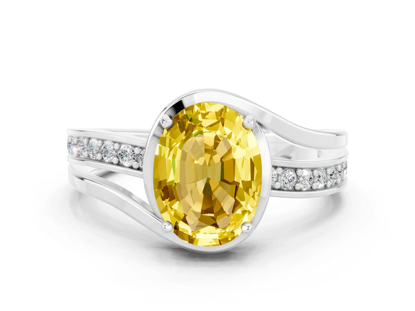 Silver Oval Cut Yellow Sapphire Solitaire Ring with Split Shank and Prong Setting