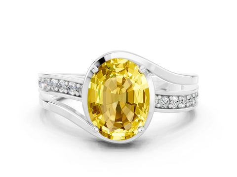 White gold Oval Cut Yellow Sapphire Solitaire Ring with Split Shank and Prong Setting
