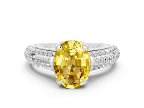White gold Oval Cut Yellow Sapphire Solitaire Ring with Three-Row Pavé Band and Four-Prong Setting_12