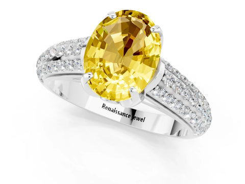 White gold Oval Cut Yellow Sapphire Solitaire Ring with Three-Row Pavé Band and Four-Prong Setting_13