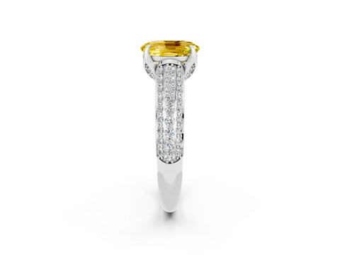 White gold Oval Cut Yellow Sapphire Solitaire Ring with Three-Row Pavé Band and Four-Prong Setting_14