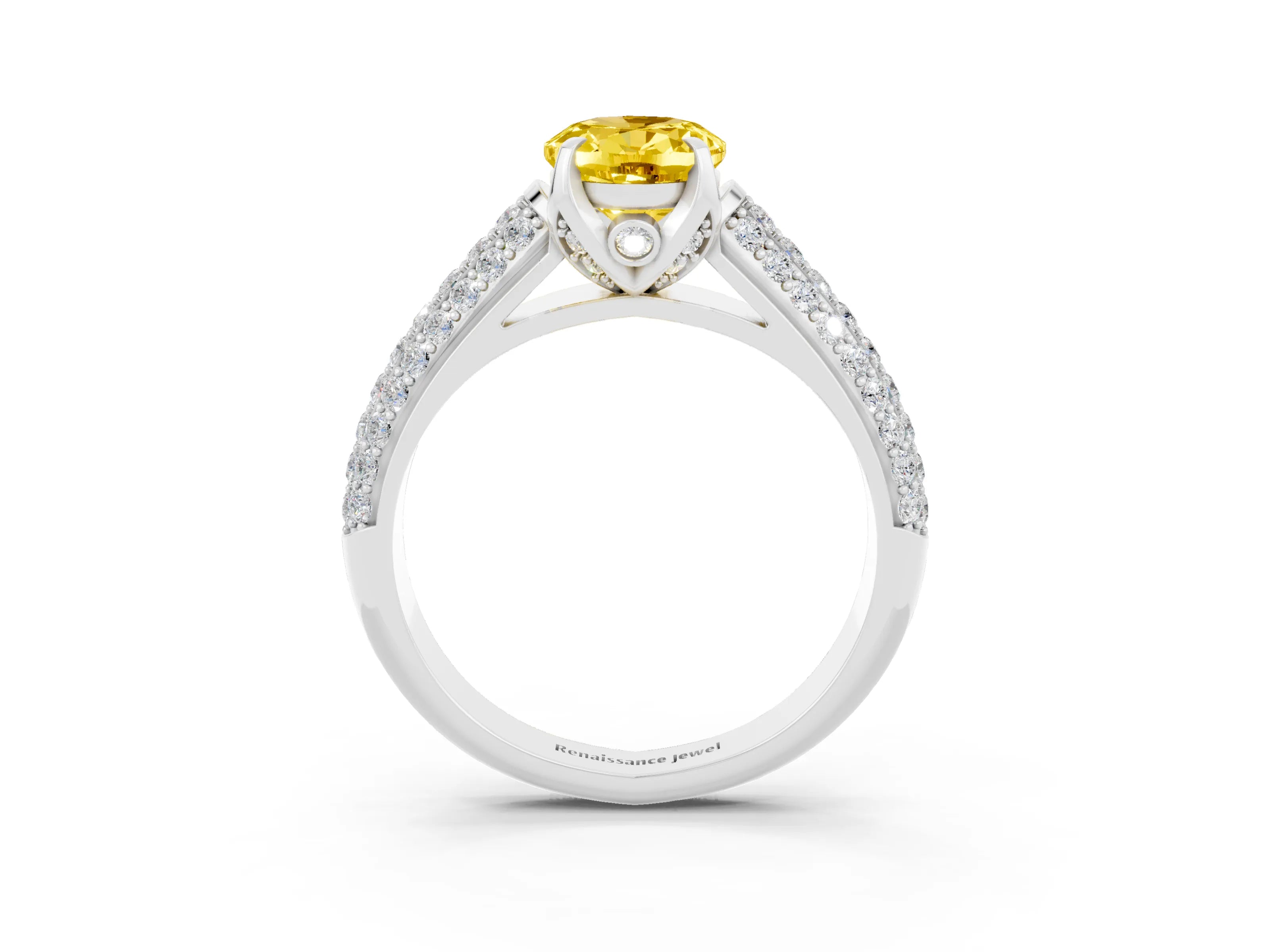 White gold Oval Cut Yellow Sapphire Solitaire Ring with Three-Row Pavé Band and Four-Prong Setting_15
