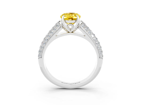 White gold Oval Cut Yellow Sapphire Solitaire Ring with Three-Row Pavé Band and Four-Prong Setting