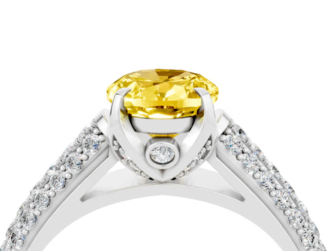 White gold Oval Cut Yellow Sapphire Solitaire Ring with Three-Row Pavé Band and Four-Prong Setting_16