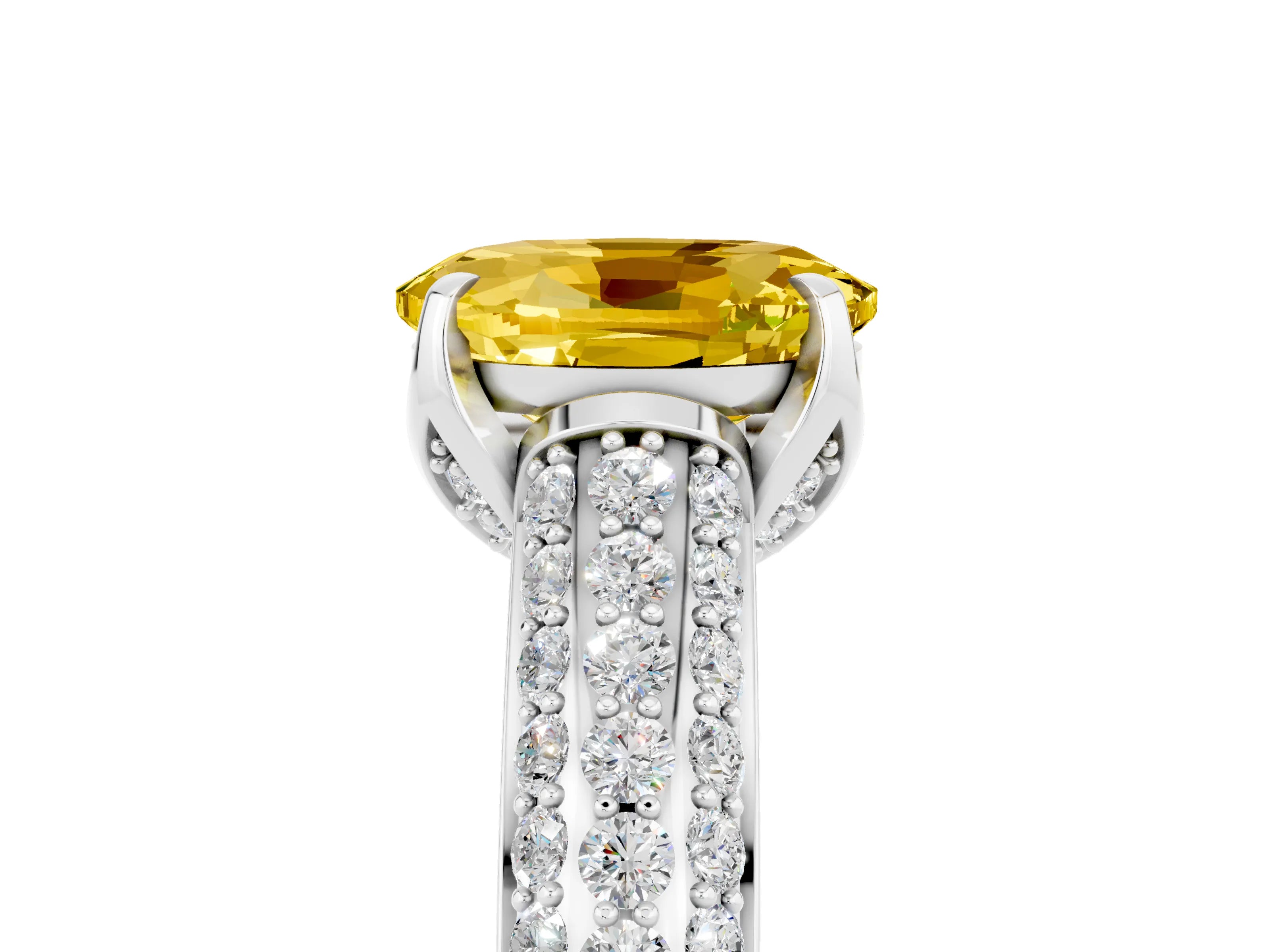 White gold Oval Cut Yellow Sapphire Solitaire Ring with Three-Row Pavé Band and Four-Prong Setting_17
