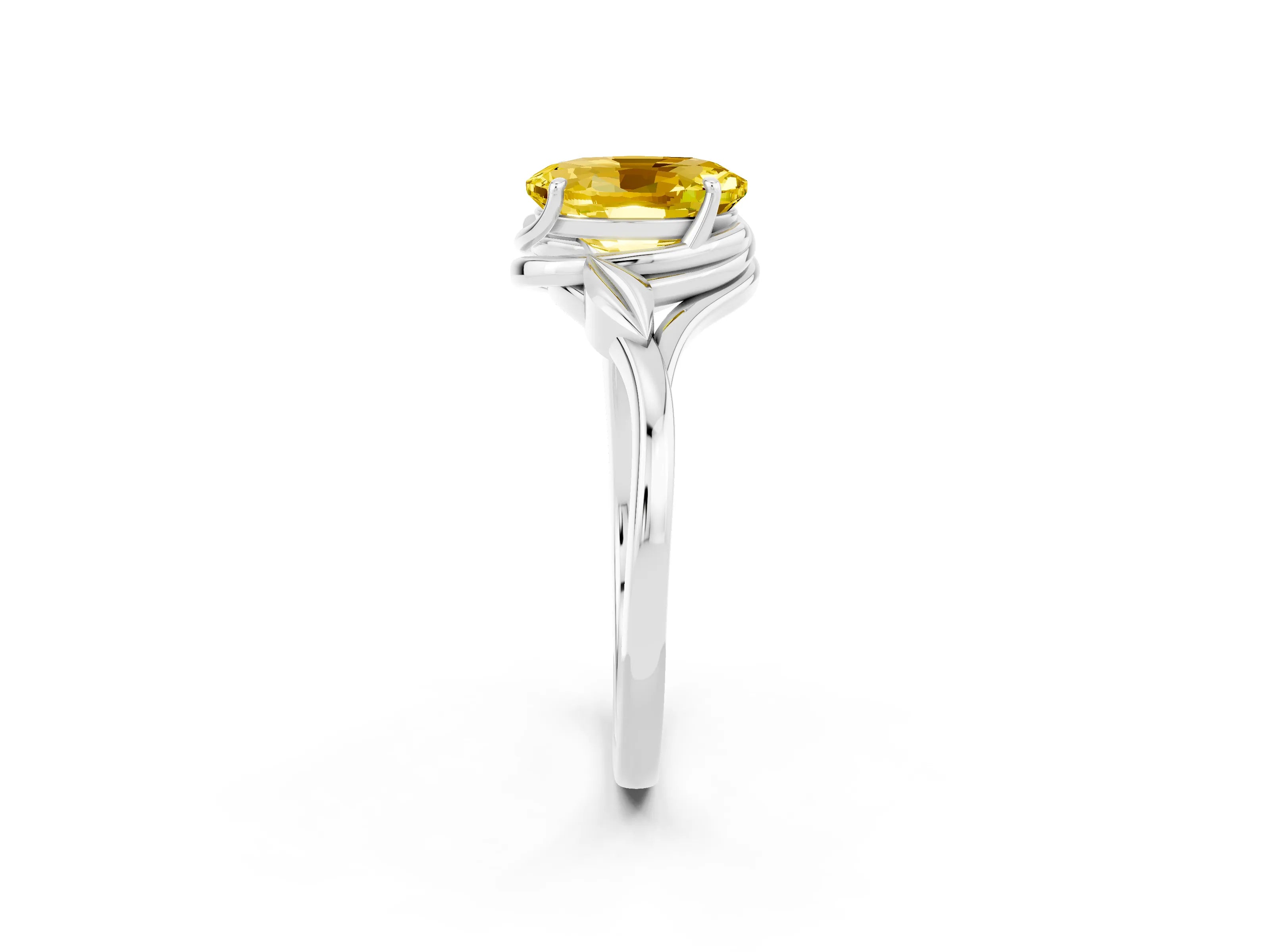 White gold Oval Cut Yellow Sapphire Solitaire Ring with Twist Band and Four-Prong Setting_14