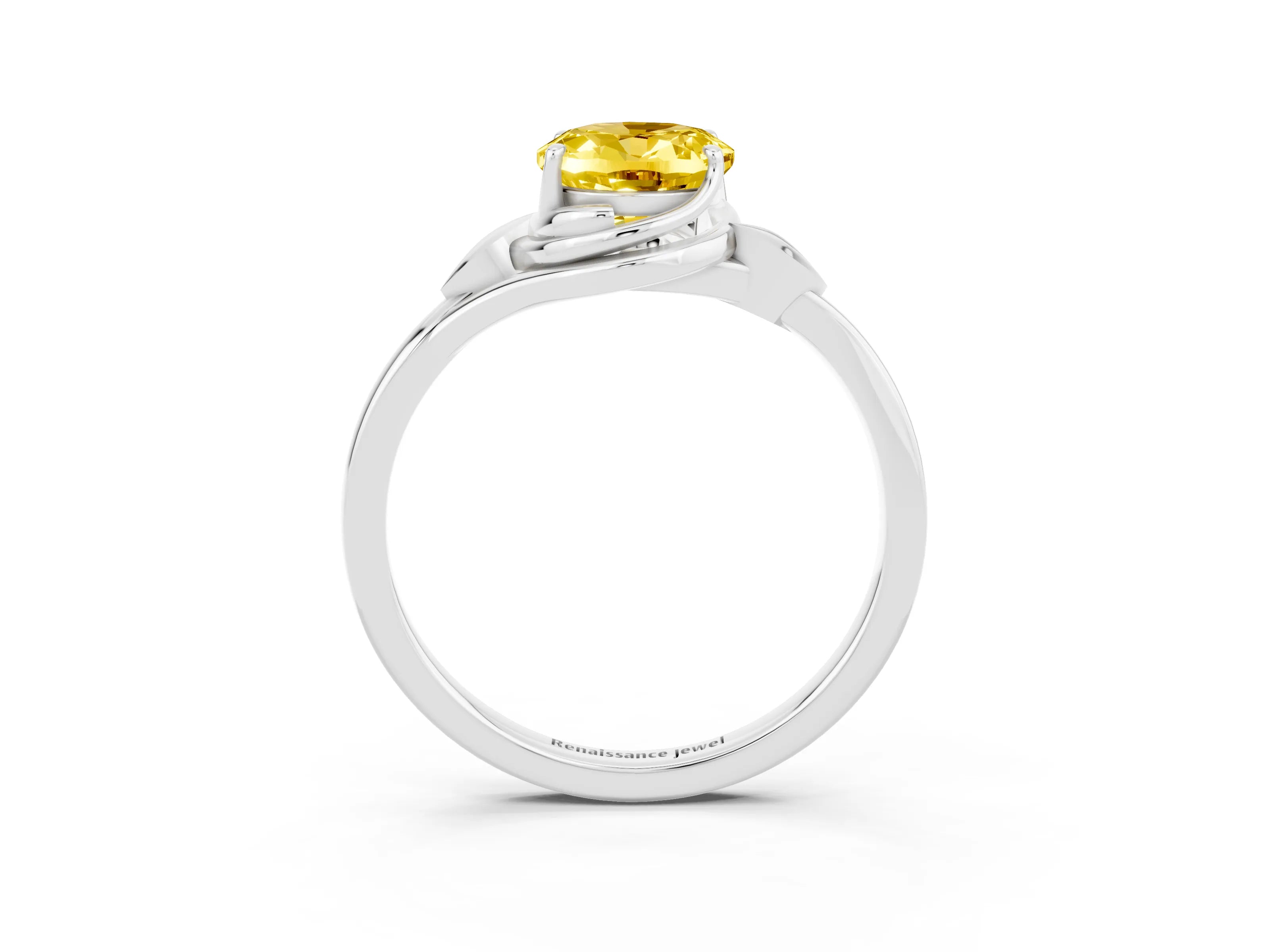 White gold Oval Cut Yellow Sapphire Solitaire Ring with Twist Band and Four-Prong Setting_15