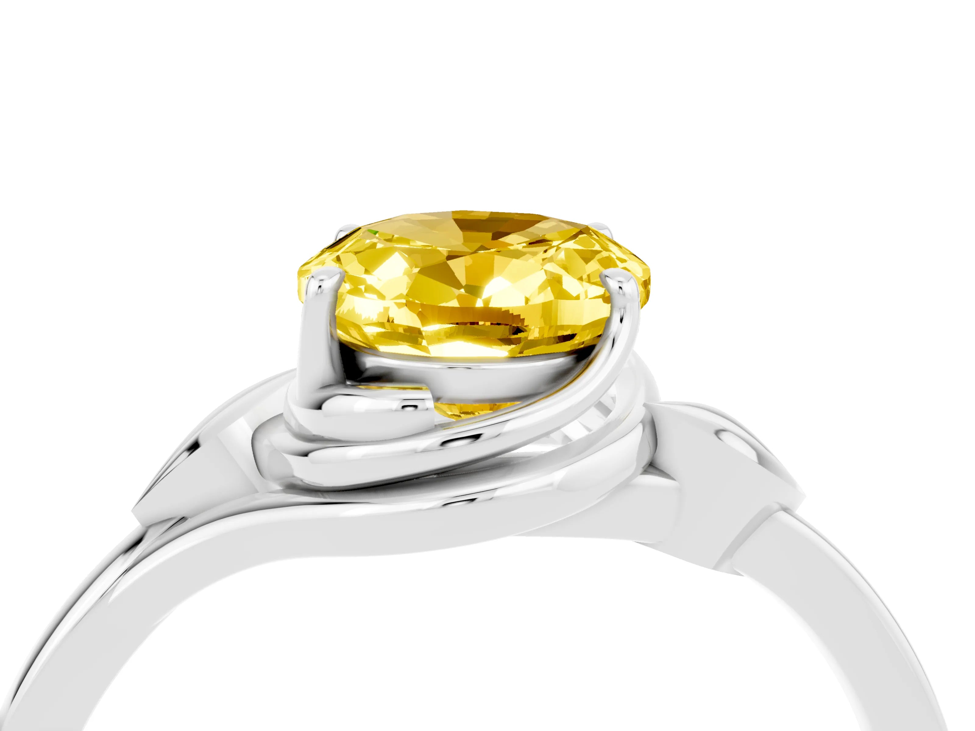 White gold Oval Cut Yellow Sapphire Solitaire Ring with Twist Band and Four-Prong Setting_16