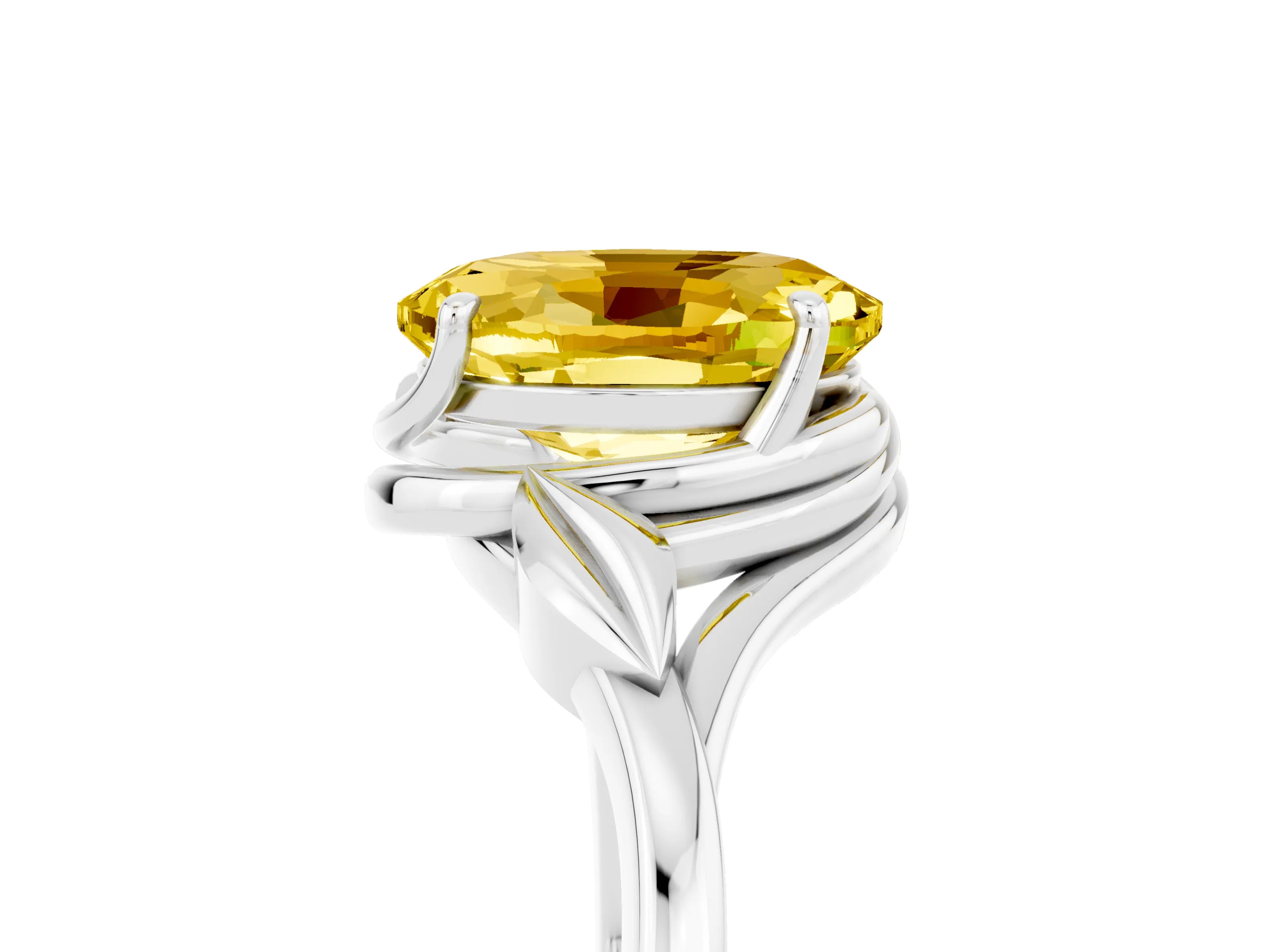 White gold Oval Cut Yellow Sapphire Solitaire Ring with Twist Band and Four-Prong Setting_17
