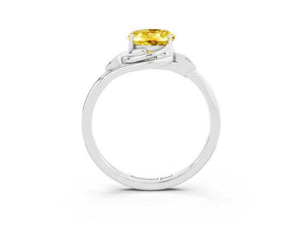 White gold Oval Cut Yellow Sapphire Solitaire Ring with Twist Band and Four-Prong Setting