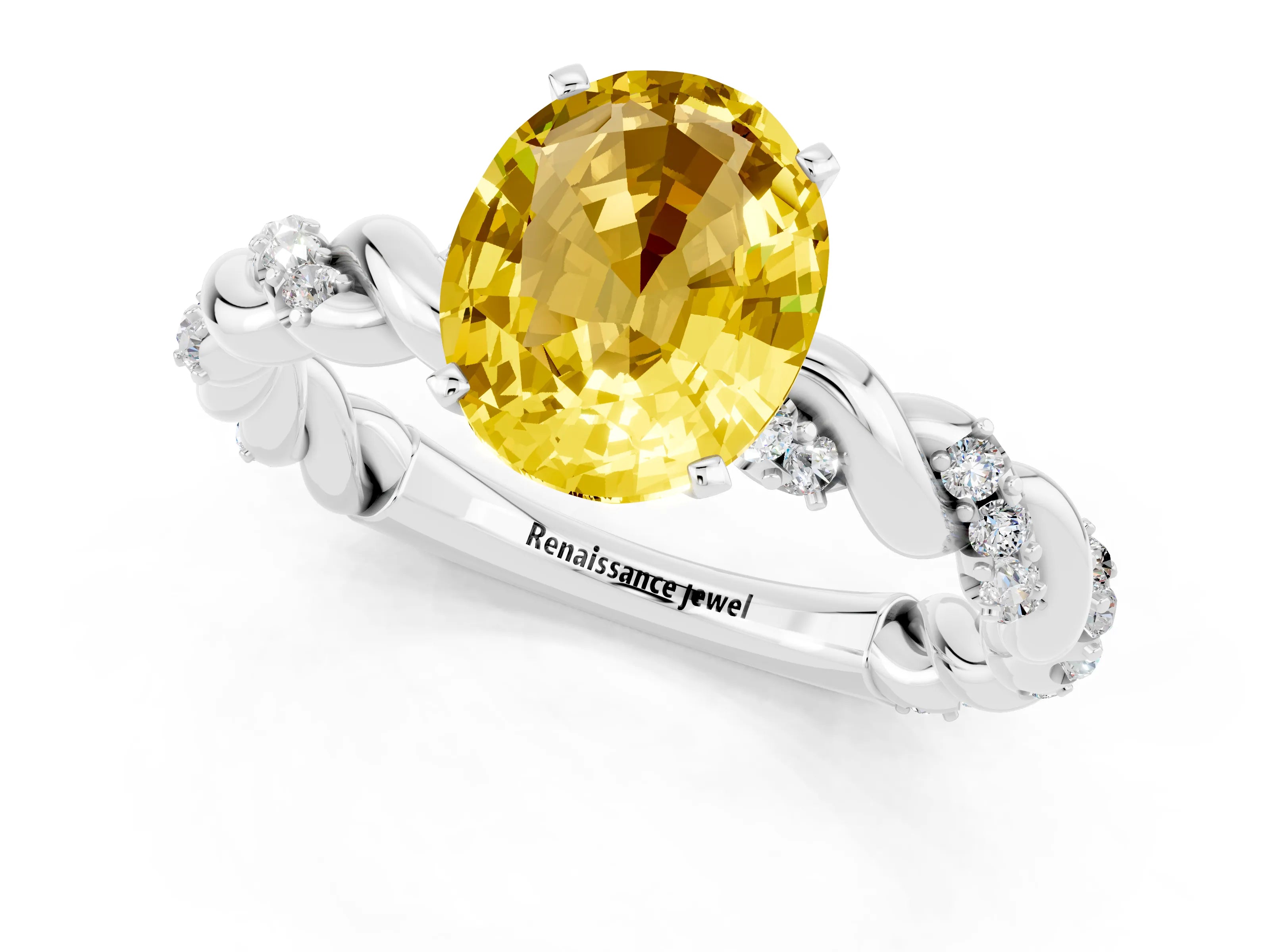 White gold Oval Cut Yellow Sapphire Solitaire Ring with Twisted Band and Pavé Accents_1