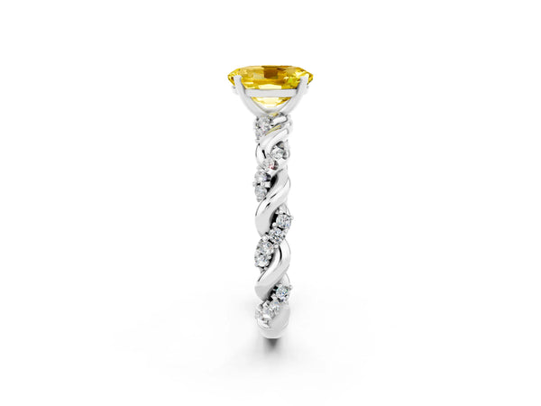 Platinum Oval Cut Yellow Sapphire Solitaire Ring with Twisted Band and Pavé Accents