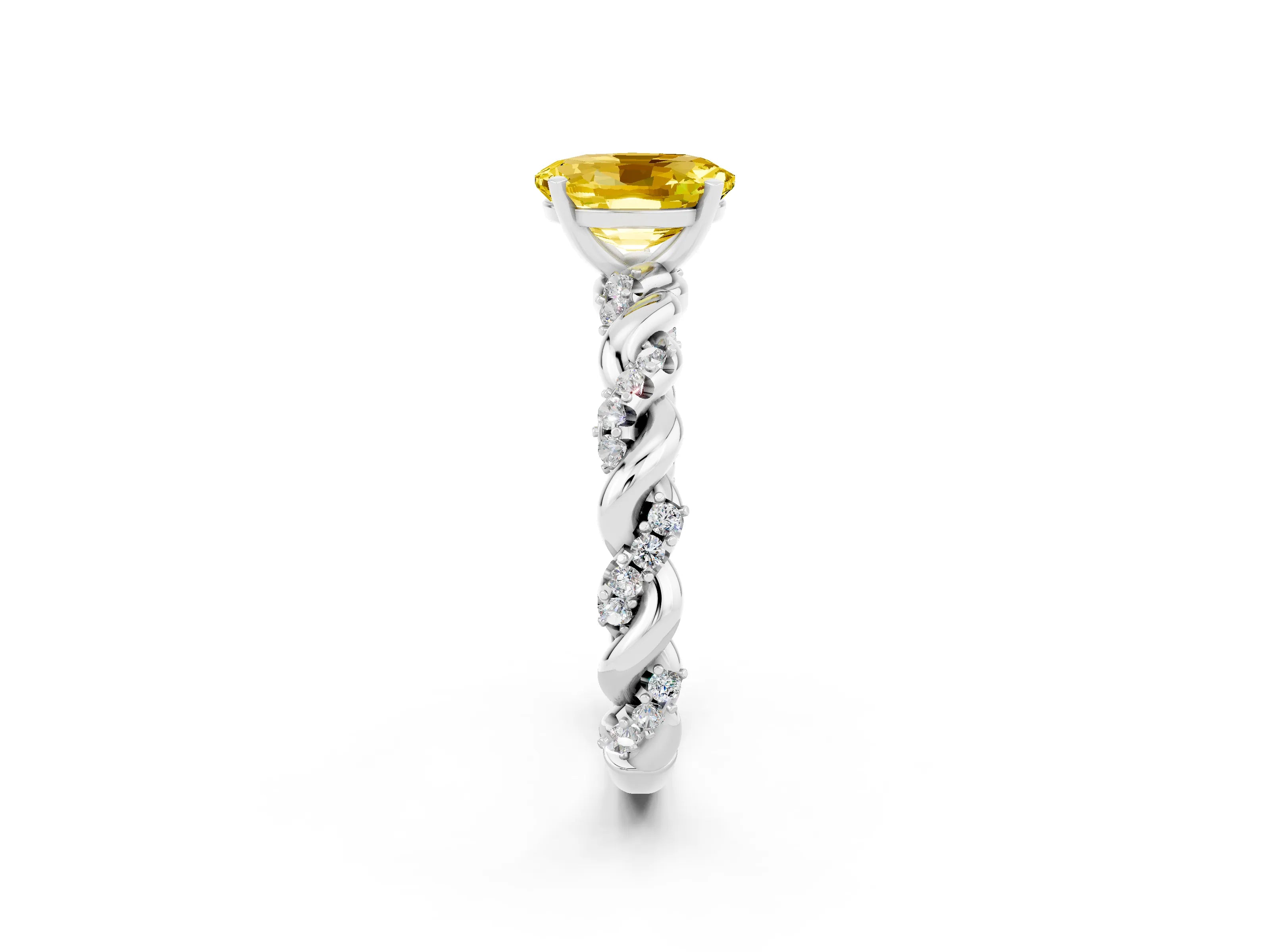White gold Oval Cut Yellow Sapphire Solitaire Ring with Twisted Band and Pavé Accents_2