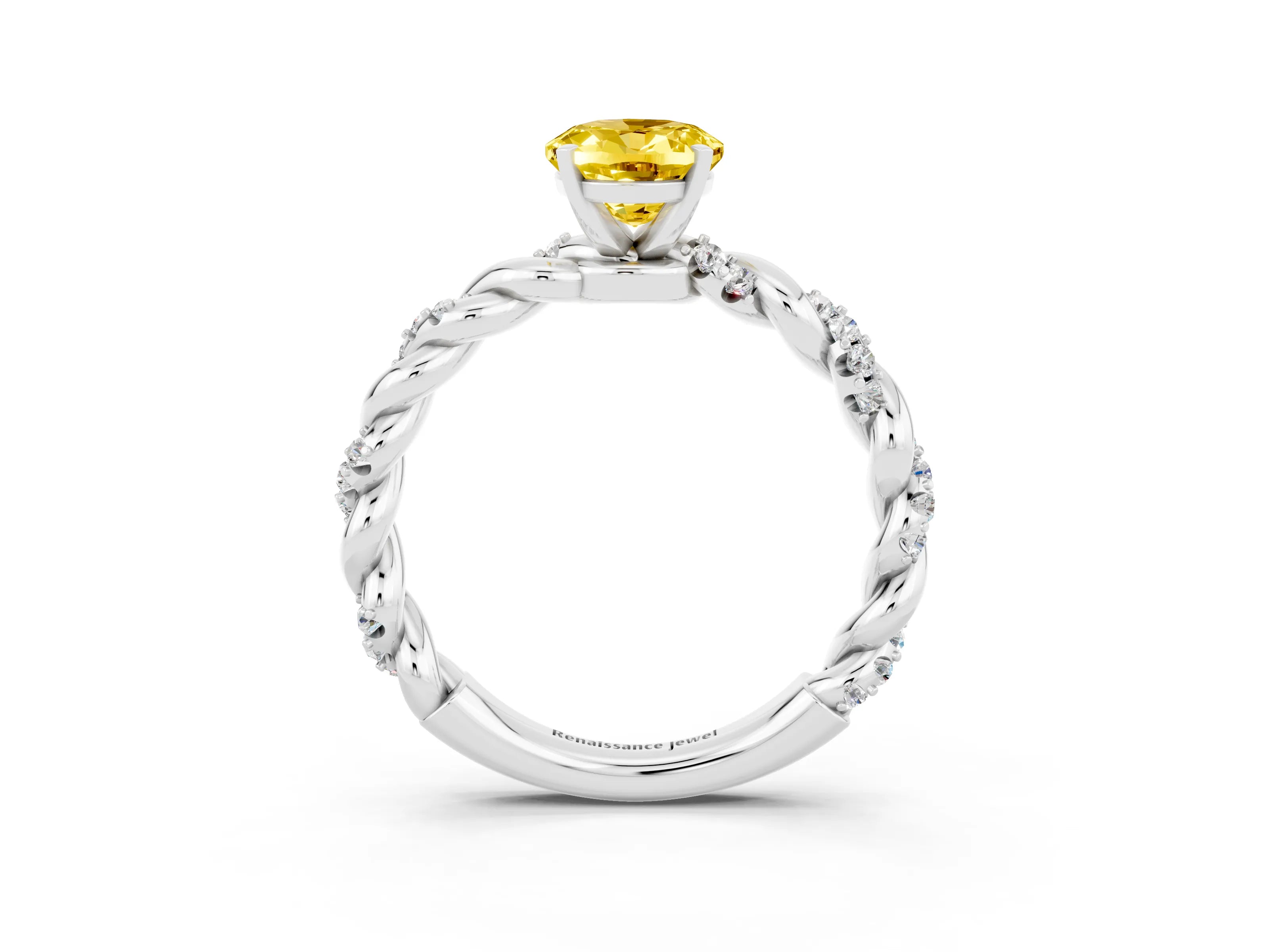 White gold Oval Cut Yellow Sapphire Solitaire Ring with Twisted Band and Pavé Accents_3