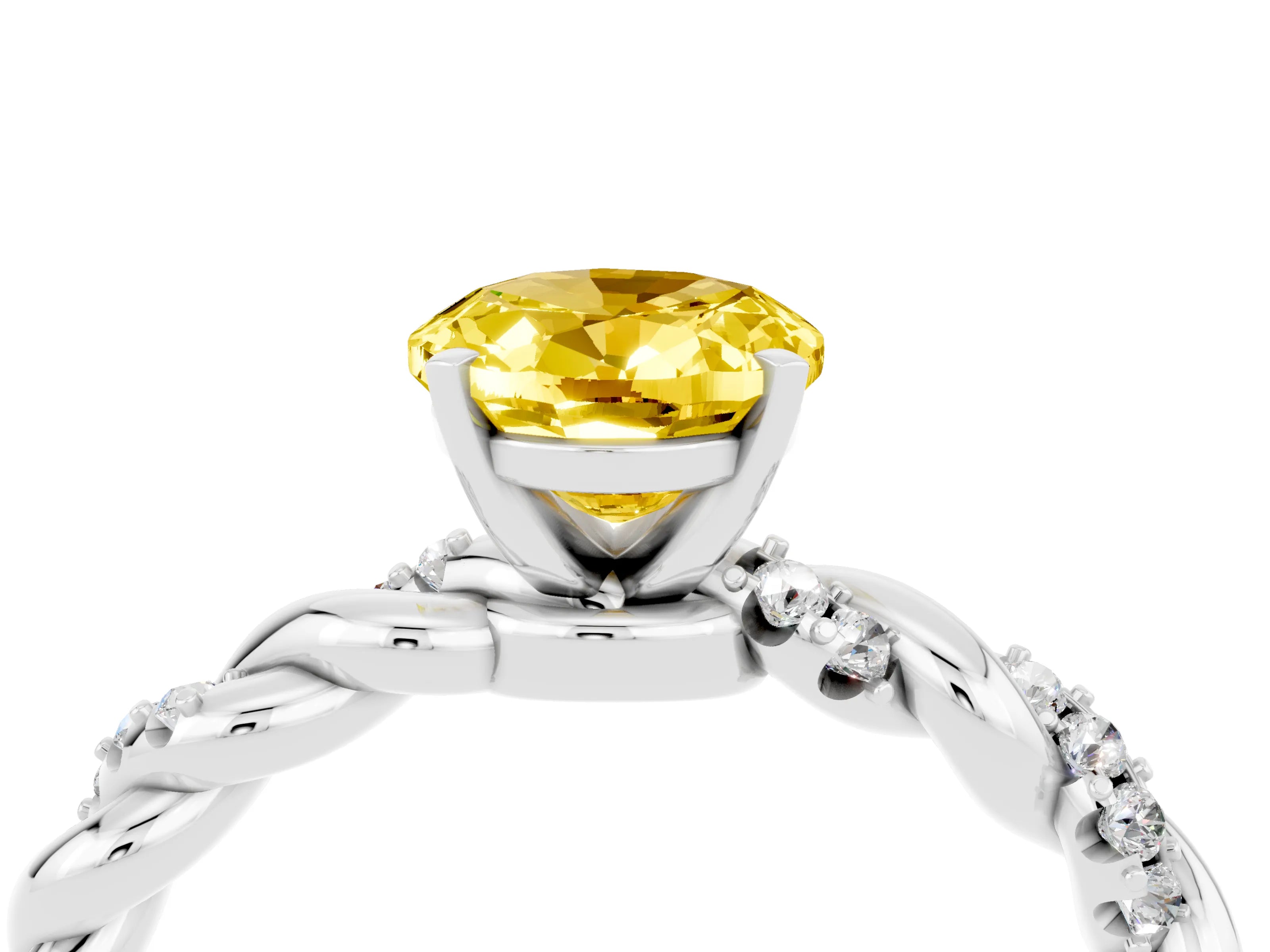 White gold Oval Cut Yellow Sapphire Solitaire Ring with Twisted Band and Pavé Accents_4