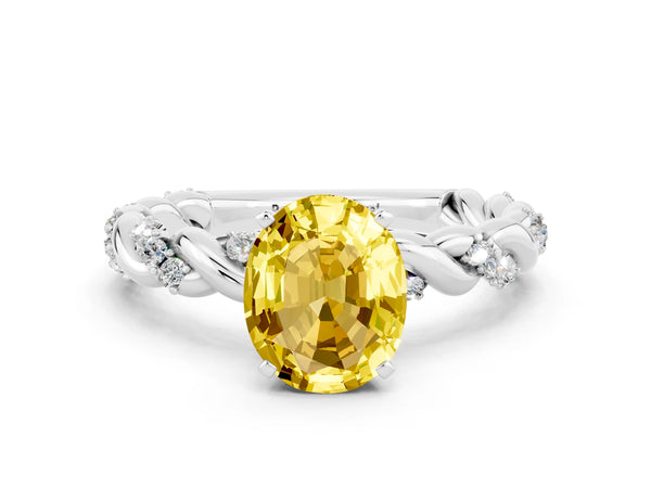 Silver Oval Cut Yellow Sapphire Solitaire Ring with Twisted Band and Pavé Accents