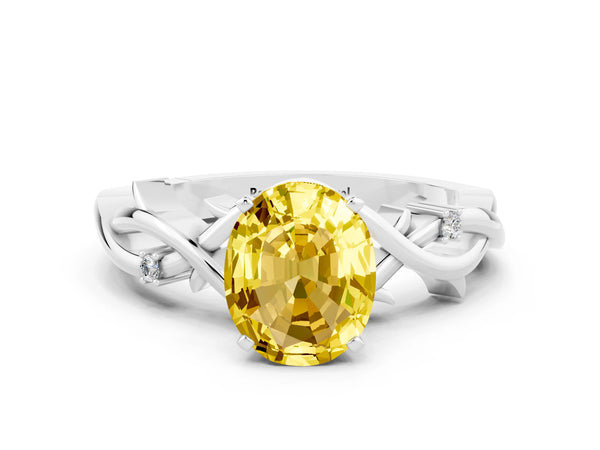 White gold Oval Cut Yellow Sapphire Solitaire Ring with Twisted Band and Prong Setting