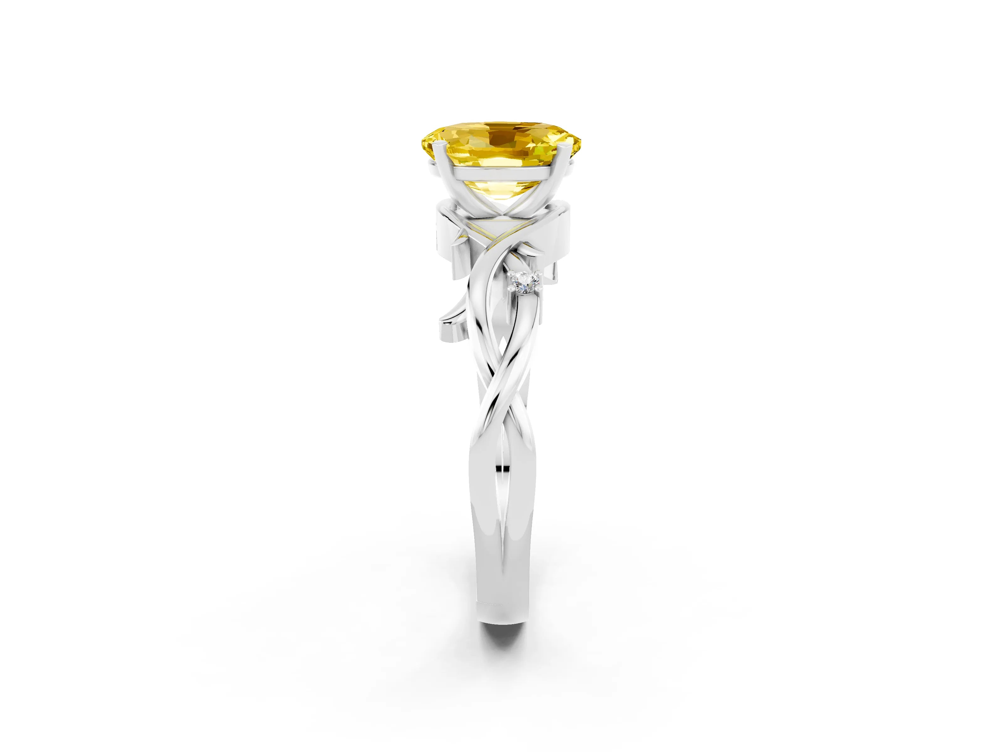 White gold Oval Cut Yellow Sapphire Solitaire Ring with Twisted Band and Prong Setting_14