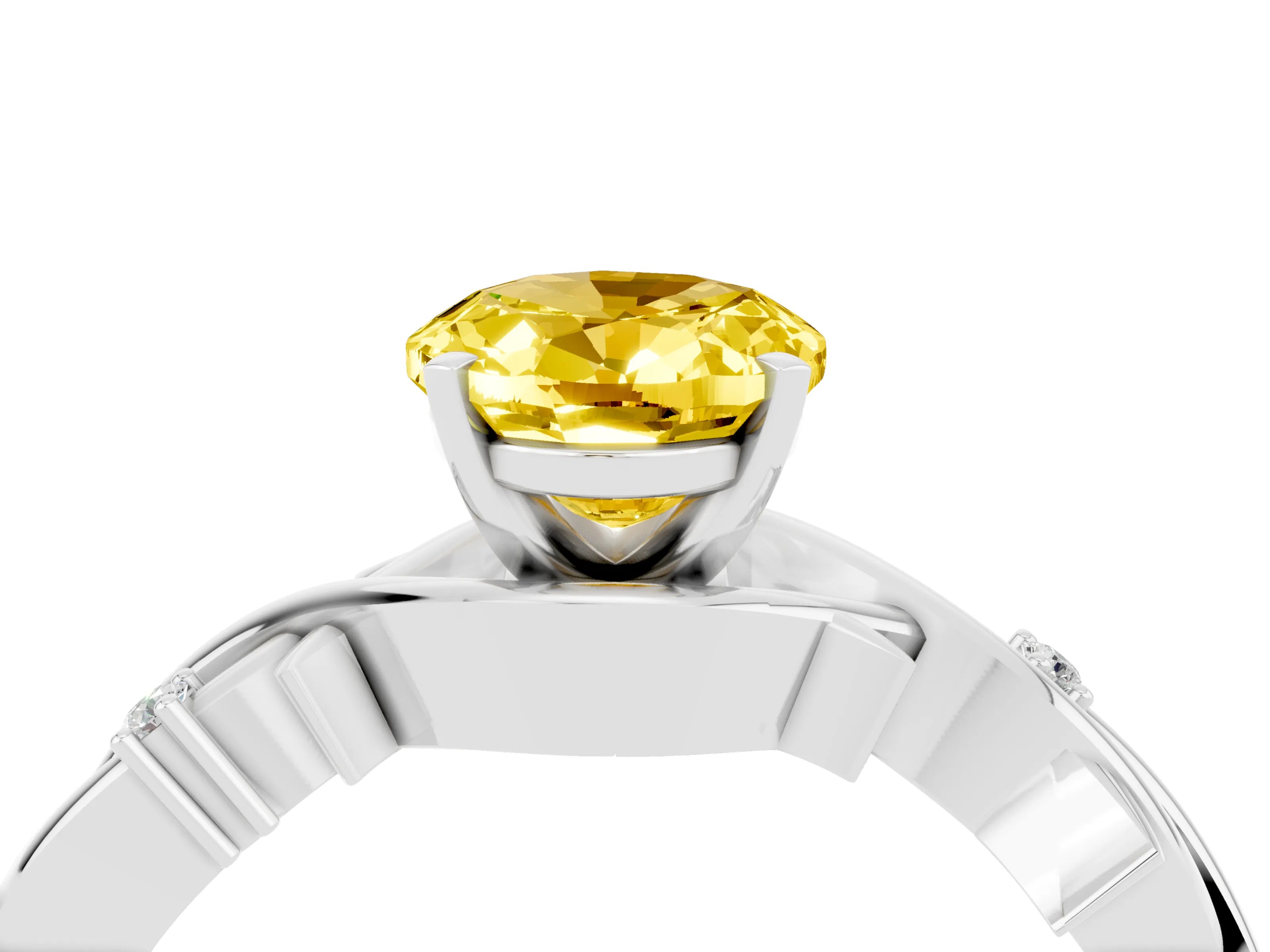 White gold Oval Cut Yellow Sapphire Solitaire Ring with Twisted Band and Prong Setting_16