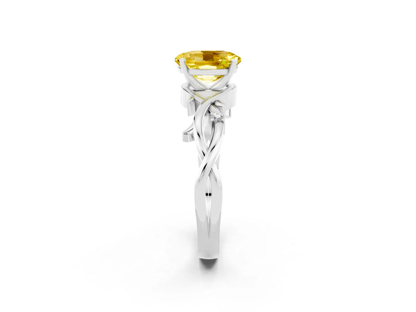 Platinum Oval Cut Yellow Sapphire Solitaire Ring with Twisted Band and Prong Setting