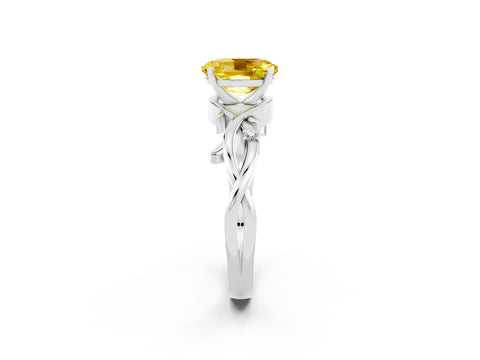 White gold Oval Cut Yellow Sapphire Solitaire Ring with Twisted Band and Prong Setting_2